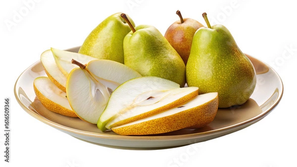 Fototapeta A light colored bowl filled with fresh ripe green pears some whole and some sliced against a dark background