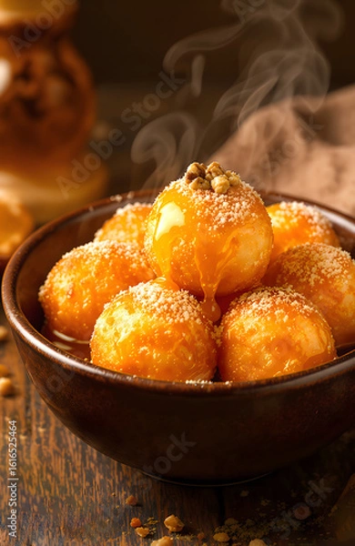 Fototapeta Delicious Hot Greek Loukoumades with Honey and Walnuts