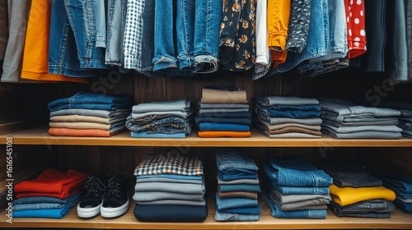 Obraz A perfectly organized wardrobe featuring neutral-toned clothing