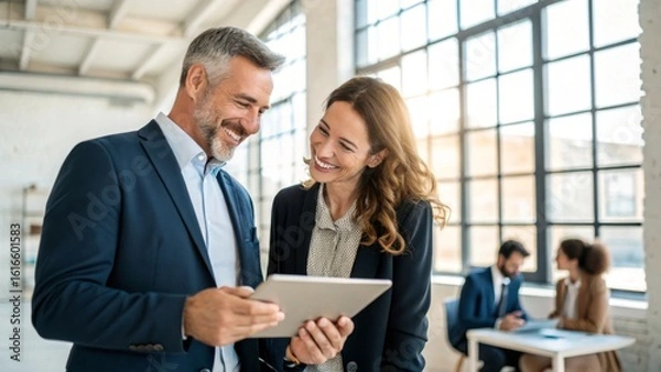 Obraz Business Professionals Engaged in Discussion with Digital Tablet