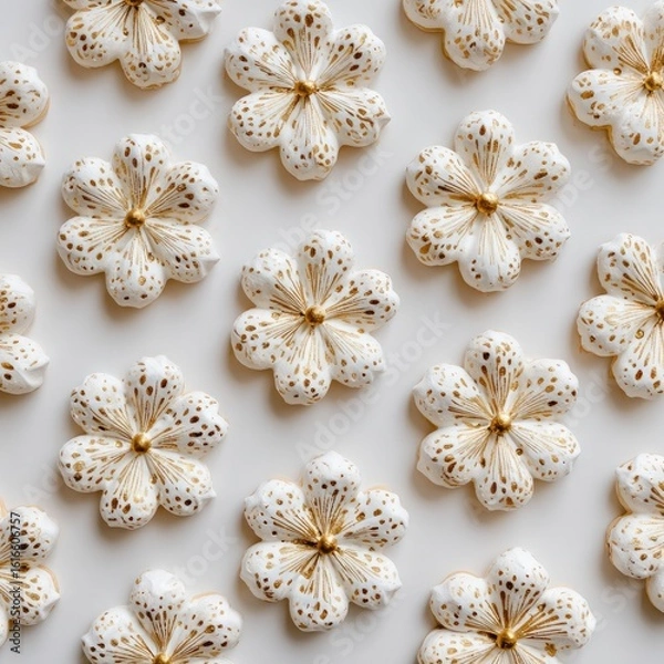 Fototapeta Elegant gold-detailed flower cookies arranged on white background, overhead shot, for baking blog