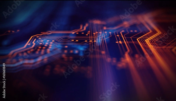 Obraz Orange,  blue technology background/Orange and blue technology background circuit board and code
