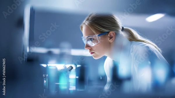 Fototapeta Focused Female Scientist Working with Microscope in Modern Laboratory