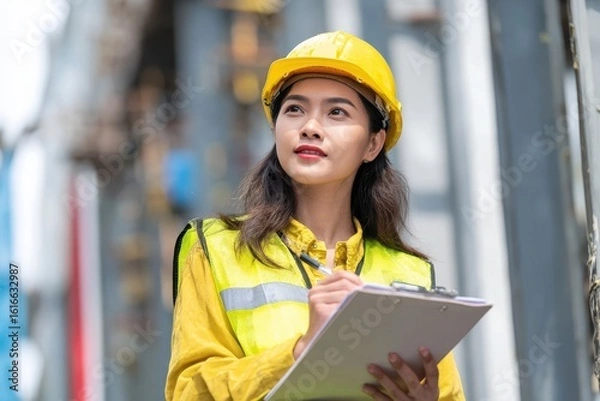 Fototapeta Female engineer of Asian descent auditing construction project on site