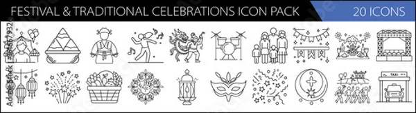 Fototapeta Festival & Traditional Celebrations Icon Pack – 20 Cultural Line Icons