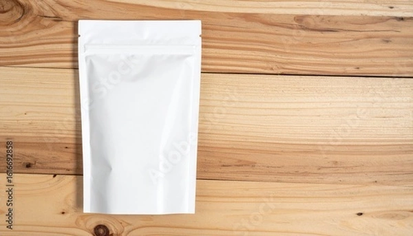 Obraz ウッドテーブル上に配置されたホエイプロテインパウチと右半分のスペースが特徴の商品イメージ写真

