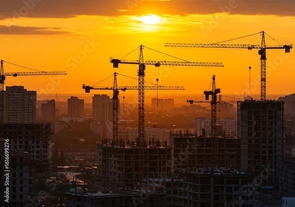 Fototapeta Construction Cranes at Sunset Cityscape with Silhouettes