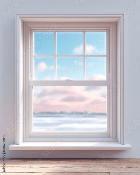 Fototapeta Bright white window framing a serene winter landscape with soft pastel clouds at dawn