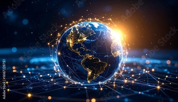 Fototapeta Digital globe with glowing network connections and bright lights representing global connectivity and technology