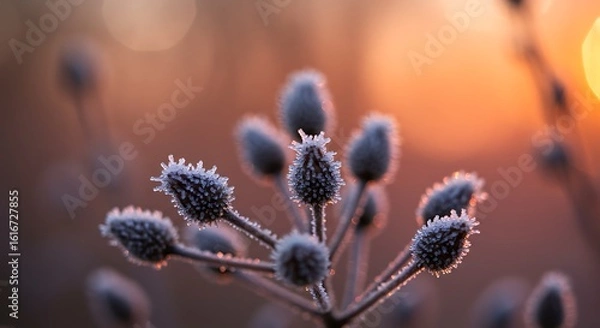 Fototapeta Frost Covering Plant Buds at Sunrise in Winter