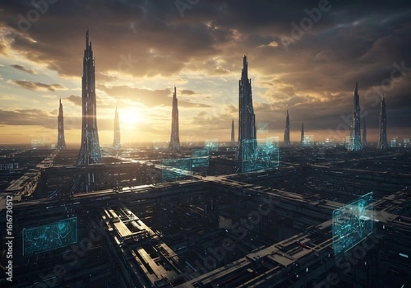 Fototapeta Futuristic Cityscape at Sunset with High-tech Architecture and Glowing Digital Displays