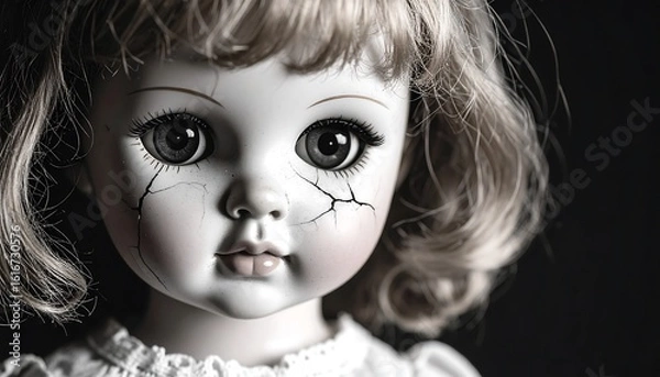 Fototapeta Close up of a vintage porcelain doll with cracked face and large expressive eyes on a dark background