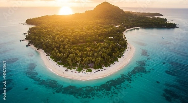 Fototapeta Island Paradise Aerial View with Tropical Beach and Lush Forest at Sunrise