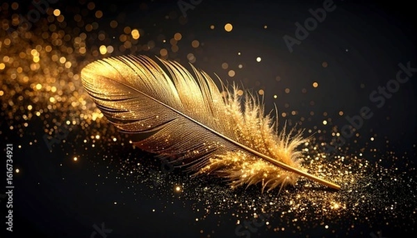 Fototapeta Elegant golden feather rests on a dark background surrounded by shimmering golden glitter and bokeh lights