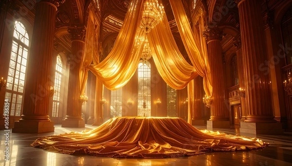Obraz Magnificent opulent royal throne room bathed in golden light with ornate curtains and grand architecture