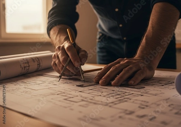 Fototapeta Person Drawing Architectural Plans Using Compass and Ruler