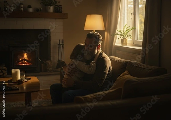Fototapeta Father Hugging Child Comfortingly on Sofa by Fireplace