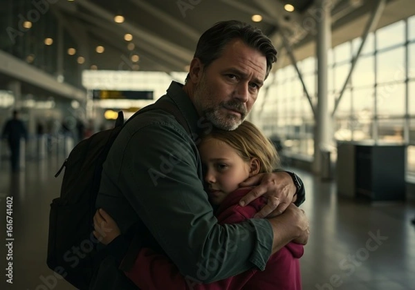 Fototapeta Father Hugging Daughter at Airport Departure with Emotional Goodbye