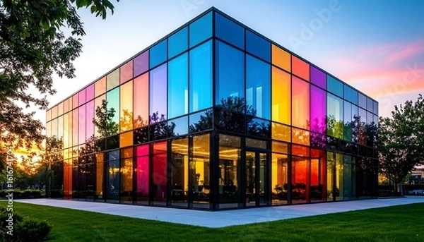 Obraz Modern architectural masterpiece with vibrant multicolored glass facade illuminated at sunset