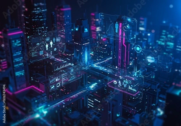 Fototapeta Futuristic Cityscape with Data Visualizations at Night