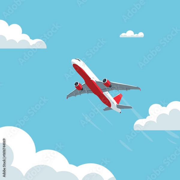 Fototapeta Commercial airplane flying upward through blue sky with white clouds vector illustration 