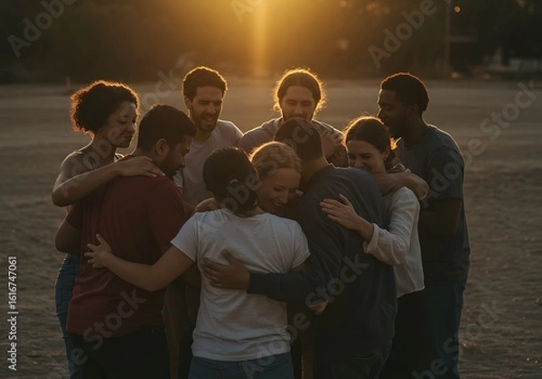 Fototapeta Group Hugging at Sunset Embracing Support and Togetherness