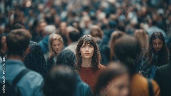 Fototapeta A Woman Stands Out in a Crowded Urban Environment, Symbolizing Individuality and Connection