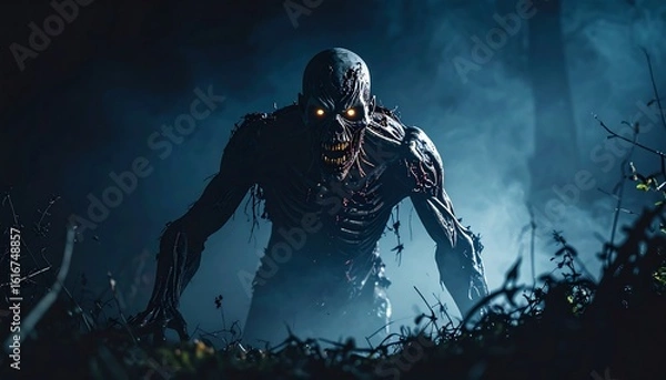 Obraz Terrifying mutated monster with glowing eyes emerges from dark foggy forest at night