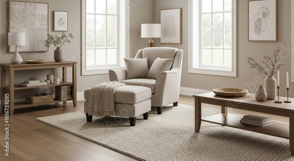 Fototapeta Cozy living room retreat with plush armchair, ottoman, and warm ambient lighting.