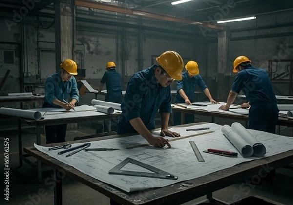 Fototapeta Team of Engineers Drawing Blueprints in Workshop, Industrial Design