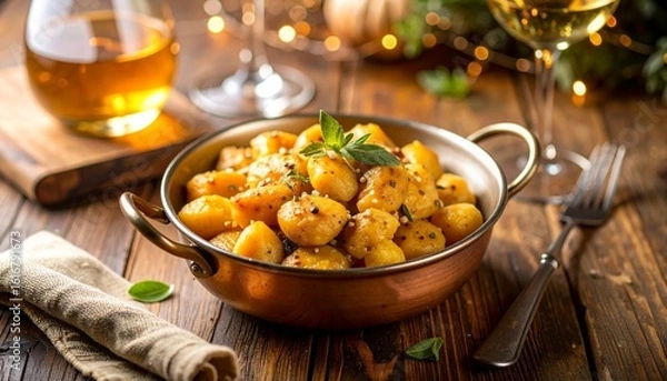 Obraz Golden potato gnocchi with herbs in a copper bowl on a rustic wooden table