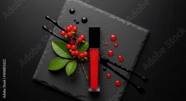 Obraz Luxurious red liquid lipstick with berries and dark slate presentation