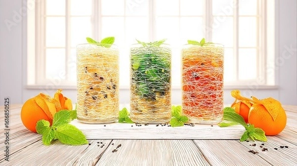 Obraz Three refreshing fruit drinks on wood table, bright window background