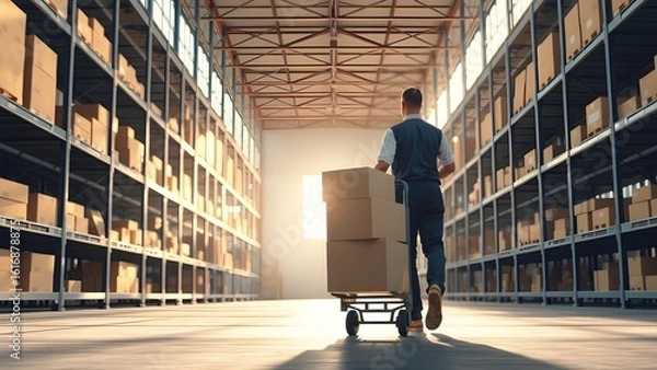 Obraz Warehouse Worker Moving Cart in Storage Facility