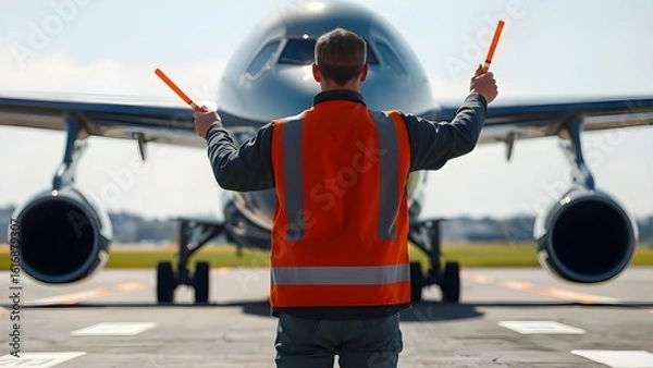 Obraz Aviation Worker Directing Plane on Tarmac