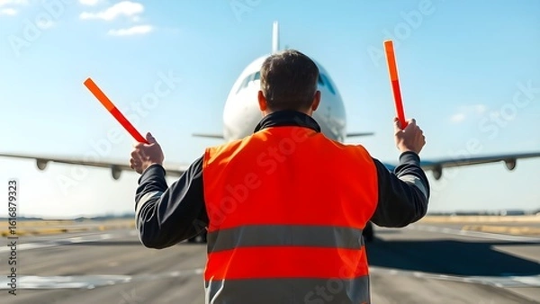 Obraz Airplane Marshalling on Runway by Ground Staff