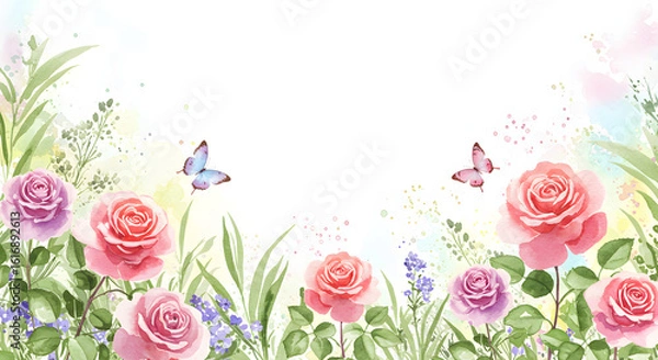 Fototapeta Spring floral background with pink and red roses heart frame and bouquet design illustration