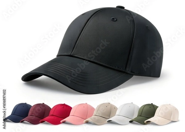 Obraz Black textured baseball cap with multiple color caps below