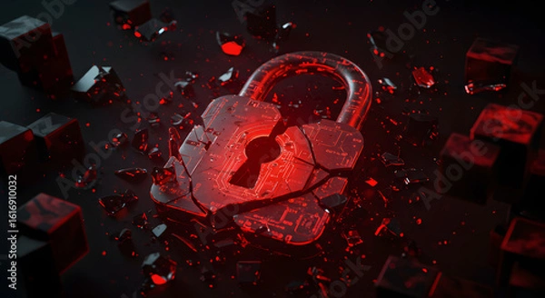 Obraz Broken red padlock with circuit board pattern and debris