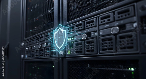 Obraz Server rack with digital security shield overlay