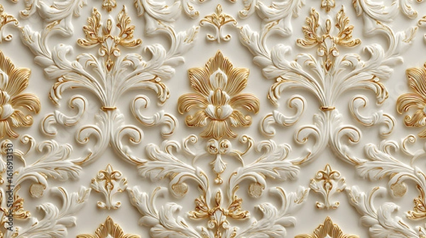 Fototapeta White and Gold Embossed Damask Pattern Texture