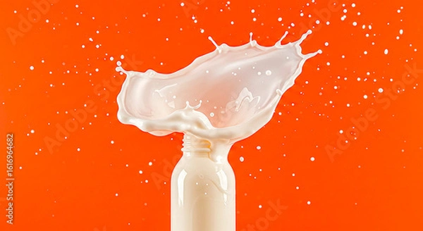 Fototapeta Milk splash from bottle against orange background