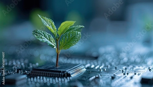 Fototapeta A small seedling sprouts from a microchip on a circuit board
