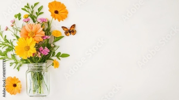 Fototapeta Colorful Flower Arrangement with Butterfly on White Background