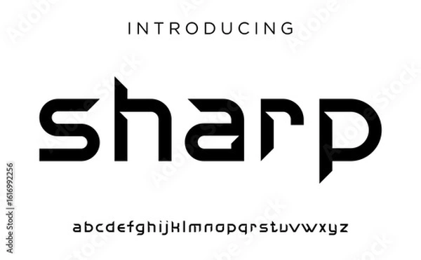 Fototapeta Futuristic modern geometric font logo. abstract alphabet digital technology font. technology typography, electronic, film, digital, music, future, creative font logo. vector illustration