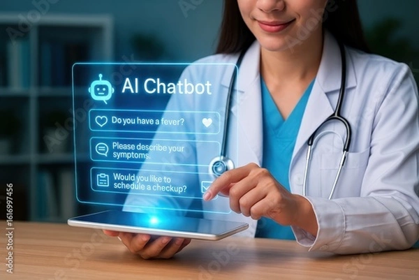 Fototapeta Healthcare Professional Interacting with AI Chatbot Technology