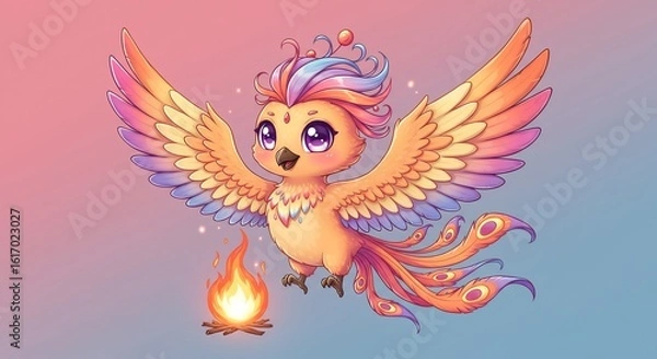 Fototapeta Adorable pastel phoenix joyfully soaring above gentle flames. AI Generated
