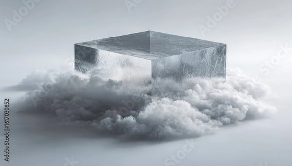 Fototapeta Abstract cube floating on a cloud of smoke
