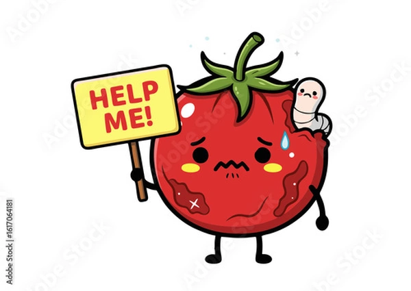 Obraz Cartoon Tomato Character Holding Help Me Sign with a Worm.