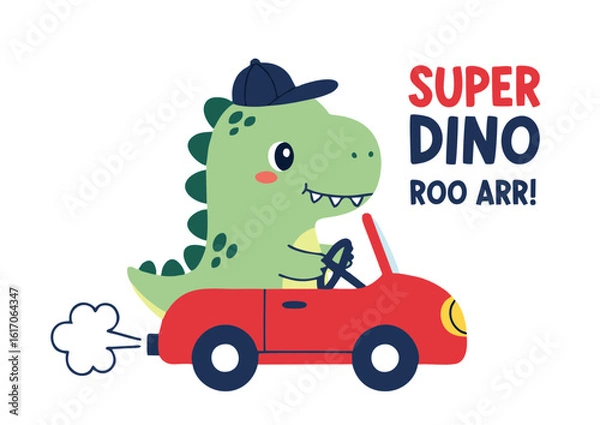 Obraz Cartoon Dinosaur Driving a Red Car with a Baseball Cap.